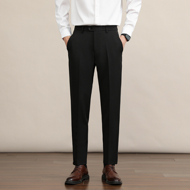 Мъжки прави панталони, дебел полиестер 94.8% и еластан 5.2%, без гладене, антибръчкване, средно-висока талия, цип, зимни бизнес панталони