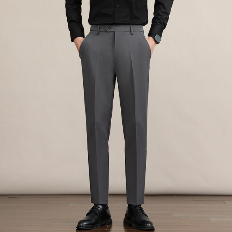 Мъжки прави панталони, дебел полиестер 94.8% и еластан 5.2%, без гладене, антибръчкване, средно-висока талия, цип, зимни бизнес панталони