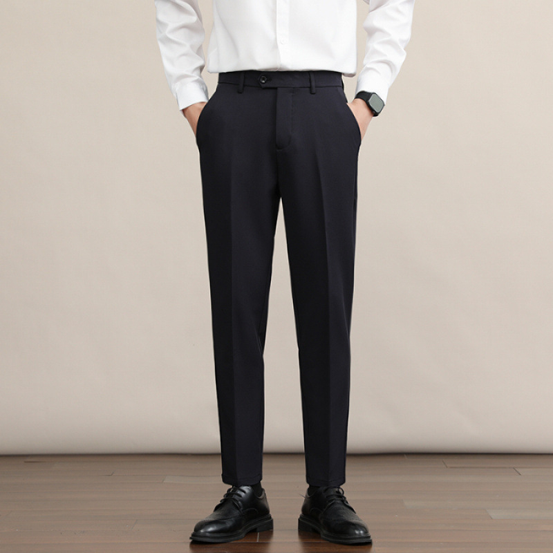 Мъжки прави панталони, дебел полиестер 94.8% и еластан 5.2%, без гладене, антибръчкване, средно-висока талия, цип, зимни бизнес панталони