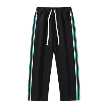 Casual sports hlače za tinejdžere s fleece materijalom, pamut-mješavina, prugasti uzorak, srednji pojas, pojas i vezivanje za zatvaranje, opušten kroj, zimska sezona
