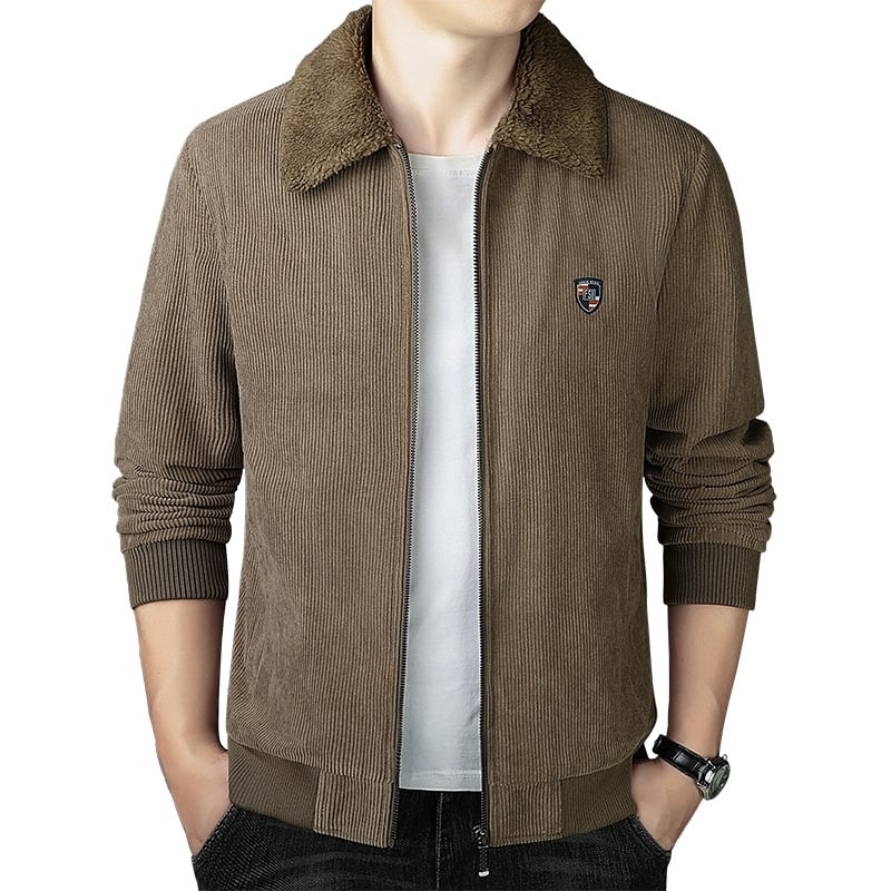 Corduroy jakk varukaga, tõmblukk ees, fleece vooder, paksenenud soojus, tavaline pikkus