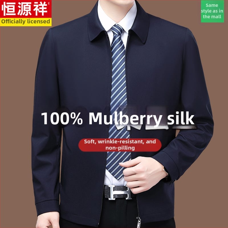 Meeste mulberry-siidist jakku, kapuutsiga, lukuga, vaba lõige, kevad-sügis