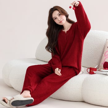 Moterų Half Velvet pižamų komplektas – ilgomis rankovėmis, ilgos kelnės, 100% poliesteris, ekstra stora 301–350 g/m², miego drabužiai rudens/žiemos sezonui, ženklas KuncyHOME