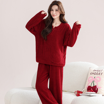 Moterų Half Velvet pižamų komplektas – ilgomis rankovėmis, ilgos kelnės, 100% poliesteris, ekstra stora 301–350 g/m², miego drabužiai rudens/žiemos sezonui, ženklas KuncyHOME