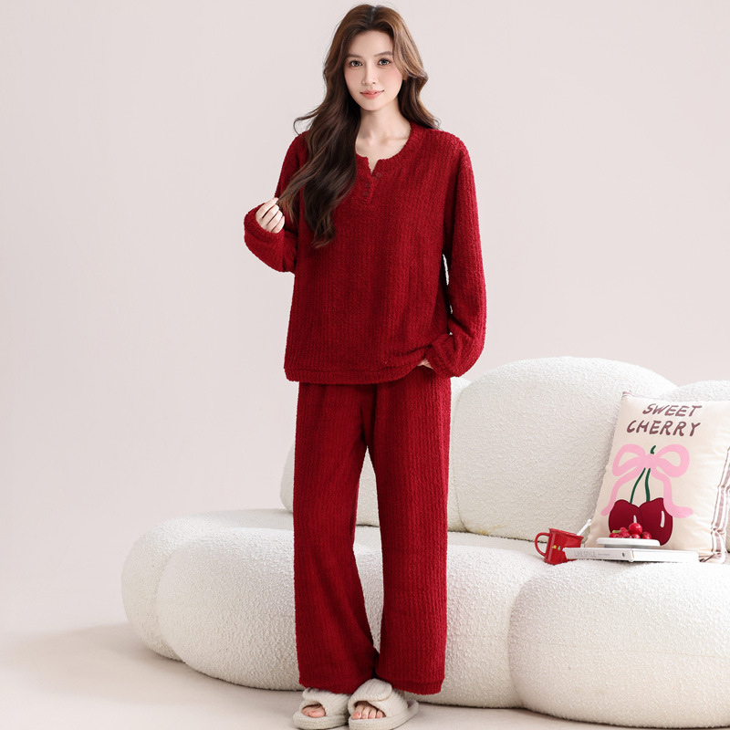 Moterų Half Velvet pižamų komplektas – ilgomis rankovėmis, ilgos kelnės, 100% poliesteris, ekstra stora 301–350 g/m², miego drabužiai rudens/žiemos sezonui, ženklas KuncyHOME