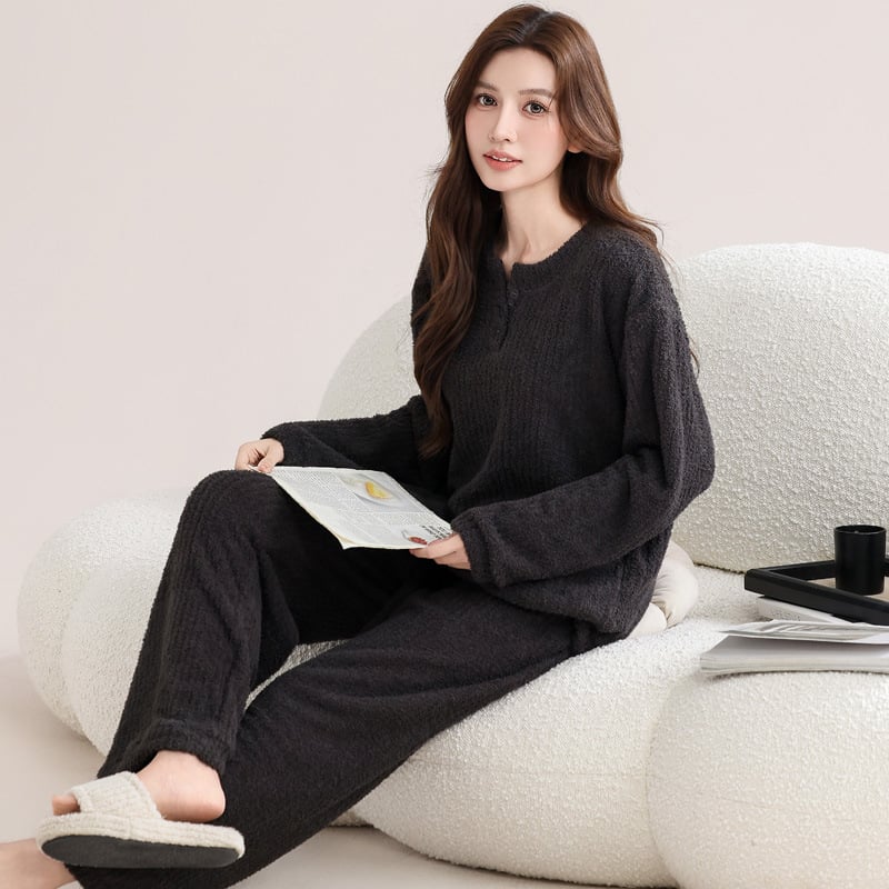 Moterų Half Velvet pižamų komplektas – ilgomis rankovėmis, ilgos kelnės, 100% poliesteris, ekstra stora 301–350 g/m², miego drabužiai rudens/žiemos sezonui, ženklas KuncyHOME