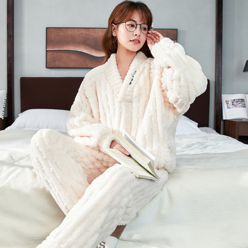 Moterų Half Velvet pižamų komplektas – ilgomis rankovėmis, ilgos kelnės, 100% poliesteris, ekstra stora 301–350 g/m², miego drabužiai rudens/žiemos sezonui, ženklas KuncyHOME