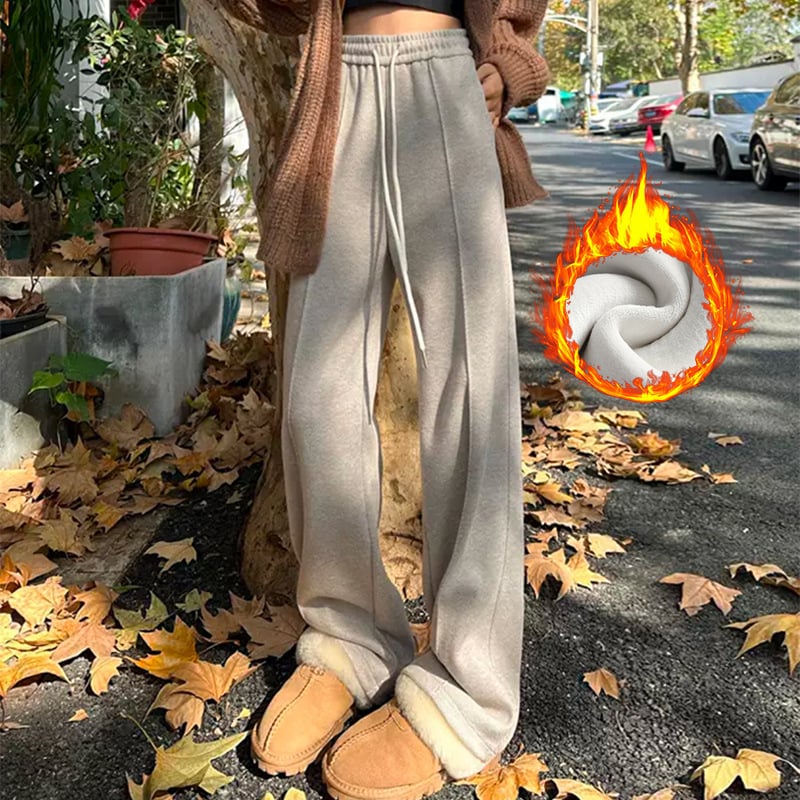 Széles lábú gyapjú nadrág magas derekú, fleece-lével bélelt, casual japán-koreai stílus