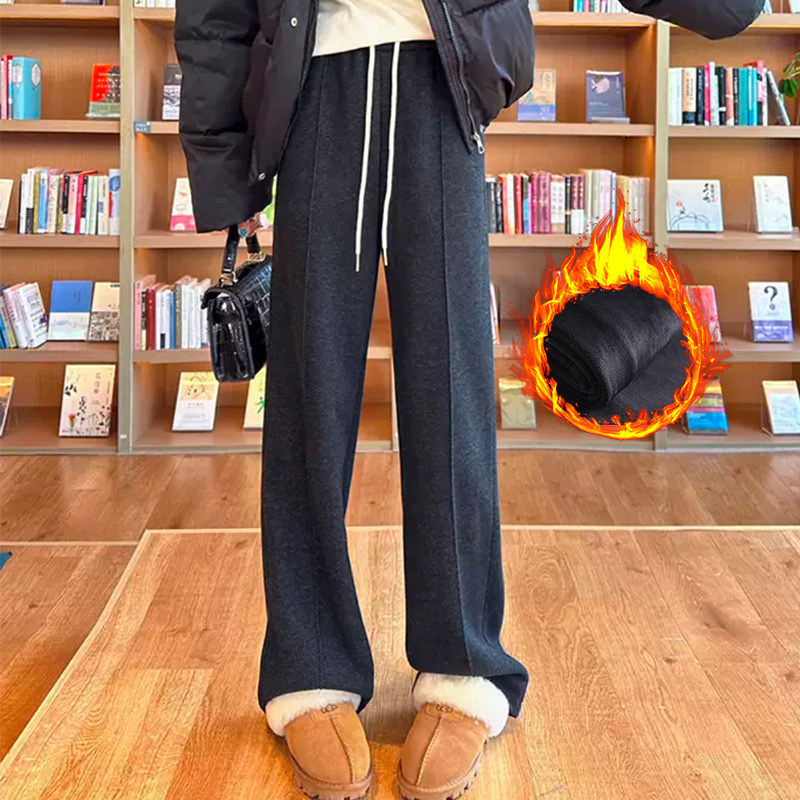 Széles lábú gyapjú nadrág magas derekú, fleece-lével bélelt, casual japán-koreai stílus