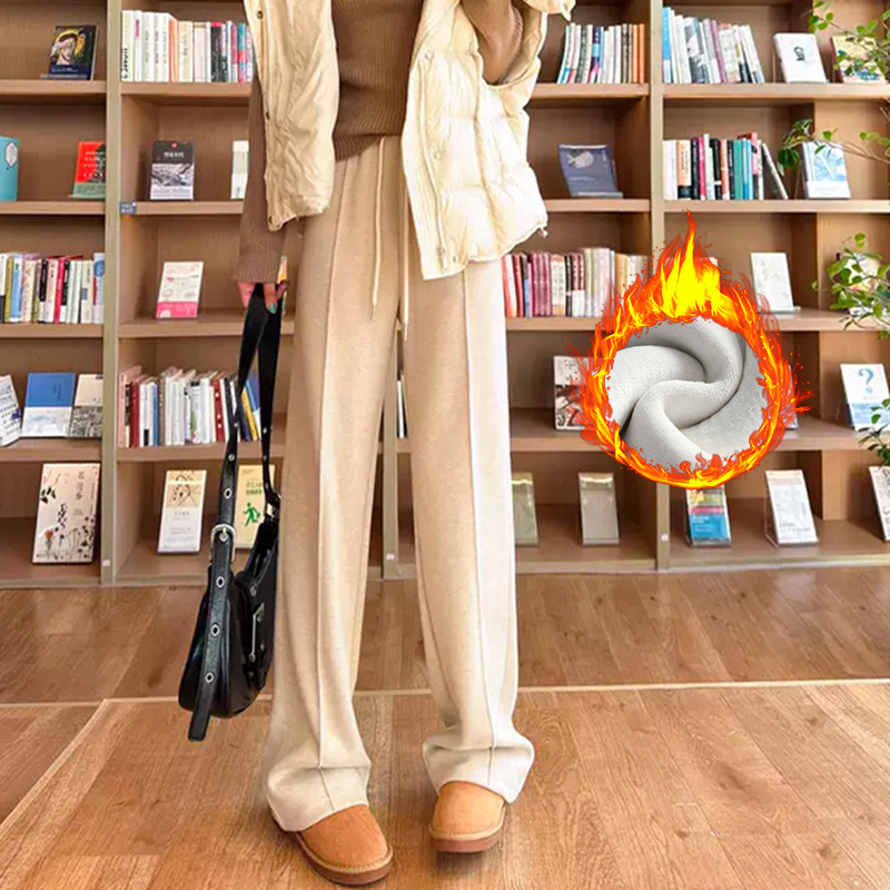 Széles lábú gyapjú nadrág magas derekú, fleece-lével bélelt, casual japán-koreai stílus