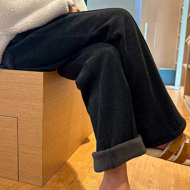 Széles lábú gyapjú nadrág magas derekú, fleece-lével bélelt, casual japán-koreai stílus