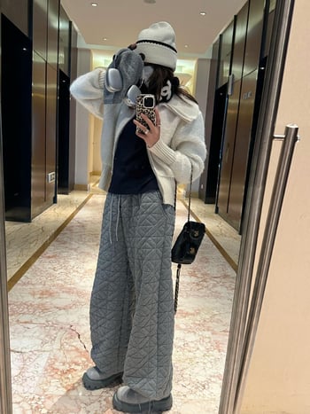 Moterų quilted medvilninės kelnės, storos žiemai 2025, tiesaus kirpimo, elastine juosta