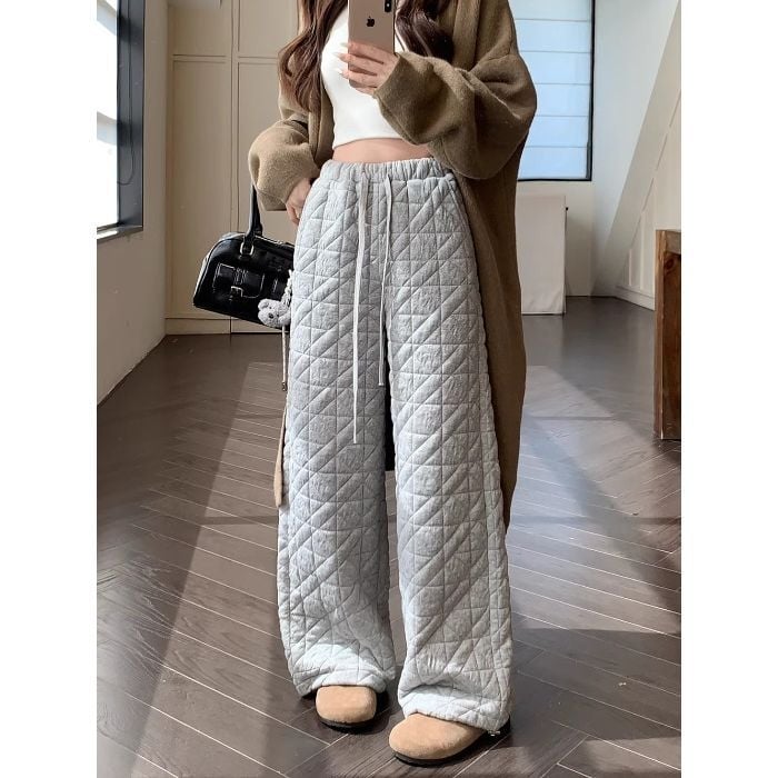 Moterų quilted medvilninės kelnės, storos žiemai 2025, tiesaus kirpimo, elastine juosta