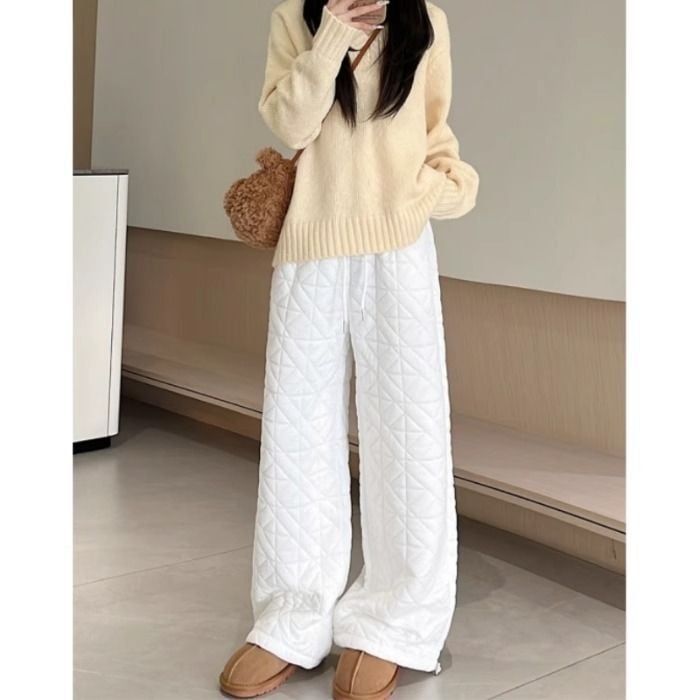Moterų quilted medvilninės kelnės, storos žiemai 2025, tiesaus kirpimo, elastine juosta