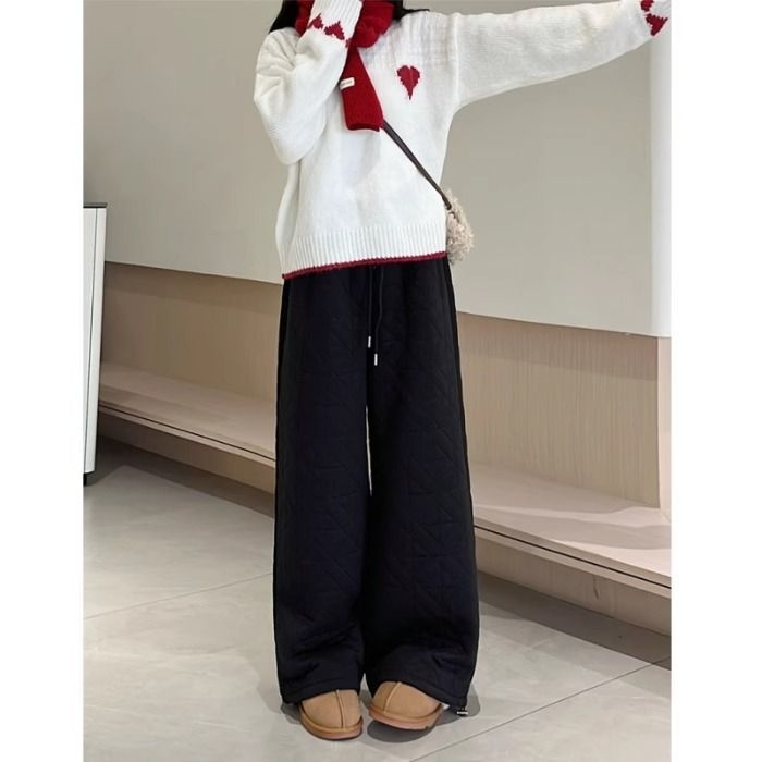 Moterų quilted medvilninės kelnės, storos žiemai 2025, tiesaus kirpimo, elastine juosta