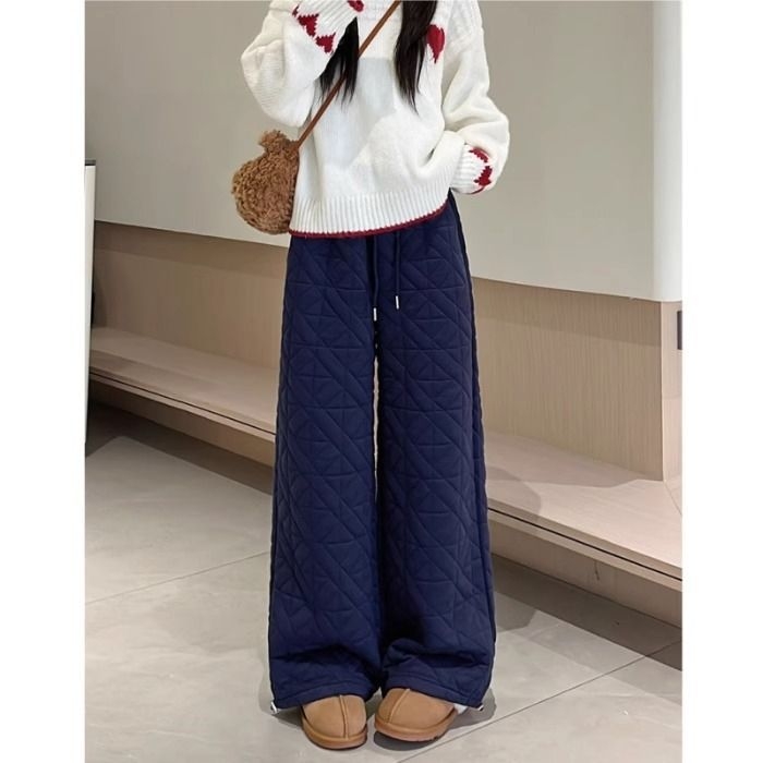 Moterų quilted medvilninės kelnės, storos žiemai 2025, tiesaus kirpimo, elastine juosta
