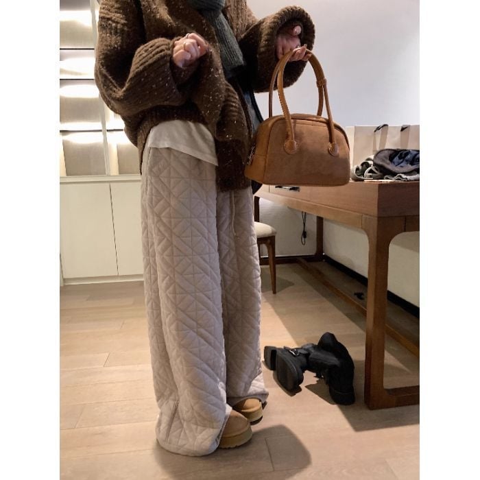 Moterų quilted medvilninės kelnės, storos žiemai 2025, tiesaus kirpimo, elastine juosta