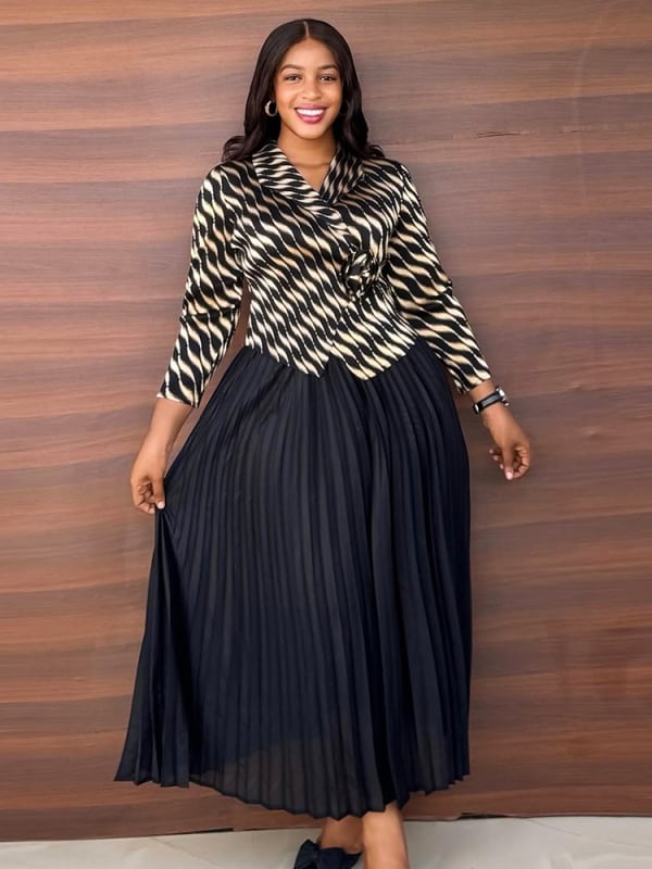 Γυναικείο φόρεμα με ζέμπρα εκτύπωση, σιφόν, πλισέ, μακρύ μήκος, μακριά μανίκια