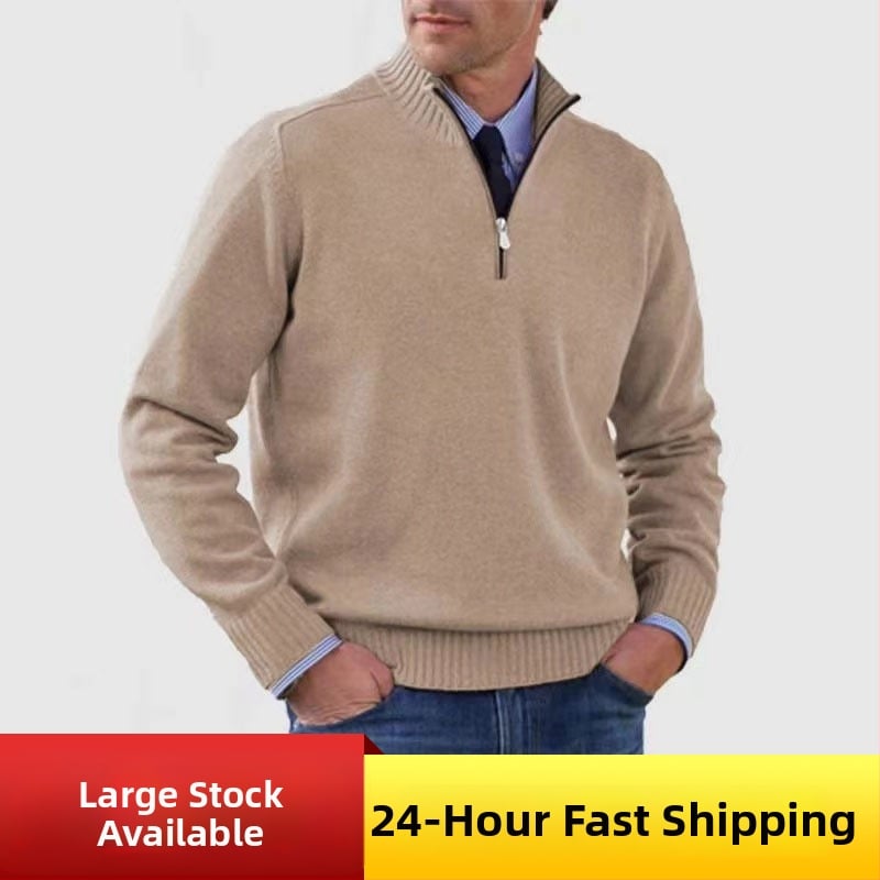 Muški pleteni džemper s zipom, uski kroj, visok ovratnik, dugi rukavi, mješavina mohair-akril