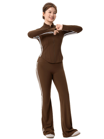 Плюс размер спортен комплект за дами - две части, топ с дълъг ръкав в стил кардиган и клеш панталони, 80% найлон + 20% спандекс, есенно-зимна 2025, подходящ за йога и пилатес