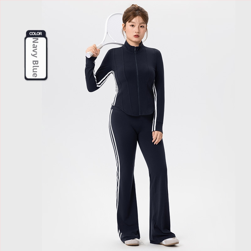 Плюс размер спортен комплект за дами - две части, топ с дълъг ръкав в стил кардиган и клеш панталони, 80% найлон + 20% спандекс, есенно-зимна 2025, подходящ за йога и пилатес