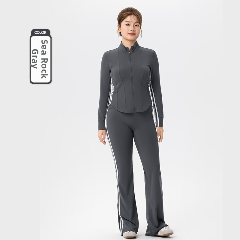 Плюс размер спортен комплект за дами - две части, топ с дълъг ръкав в стил кардиган и клеш панталони, 80% найлон + 20% спандекс, есенно-зимна 2025, подходящ за йога и пилатес