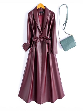 Sieviešu PU ādas garais mētelis ar jostas sašaurināšanu, ar vienu pogu