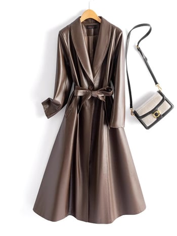 Sieviešu PU ādas garais mētelis ar jostas sašaurināšanu, ar vienu pogu