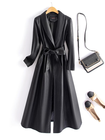 Sieviešu PU ādas garais mētelis ar jostas sašaurināšanu, ar vienu pogu