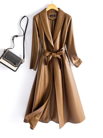 Sieviešu PU ādas garais mētelis ar jostas sašaurināšanu, ar vienu pogu