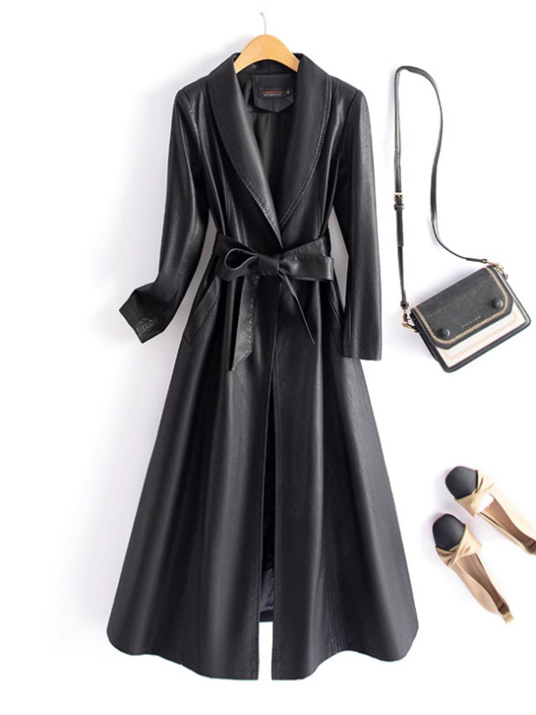 Sieviešu PU ādas garais mētelis ar jostas sašaurināšanu, ar vienu pogu