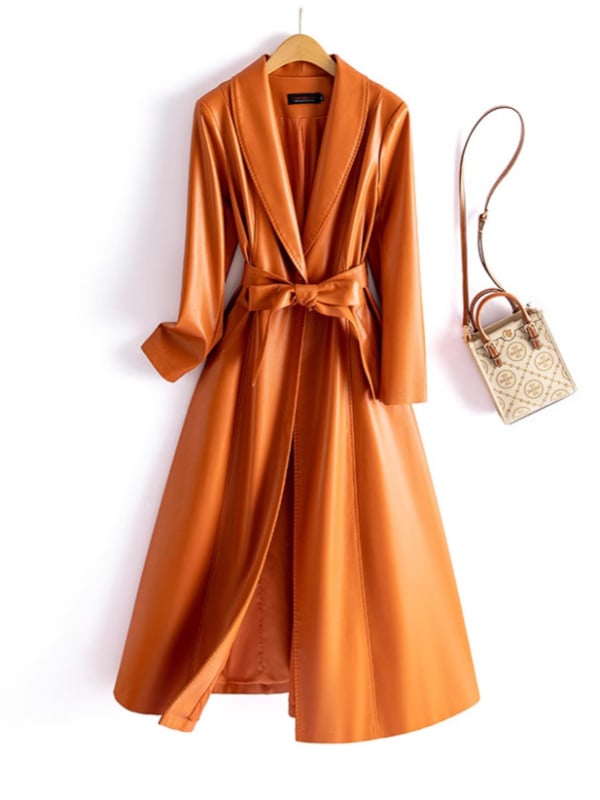 Sieviešu PU ādas garais mētelis ar jostas sašaurināšanu, ar vienu pogu