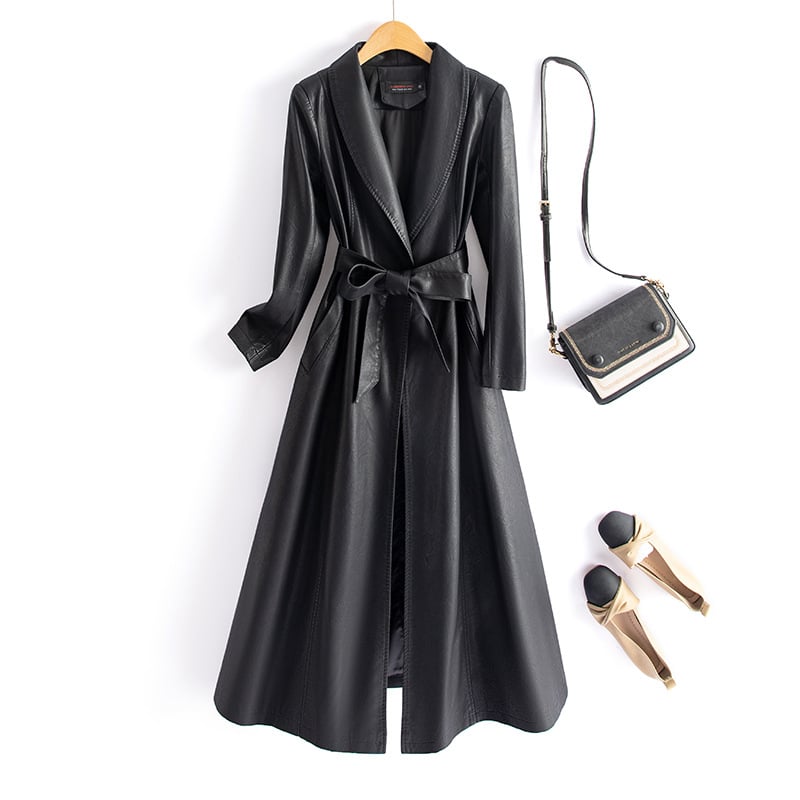 Sieviešu PU ādas garais mētelis ar jostas sašaurināšanu, ar vienu pogu