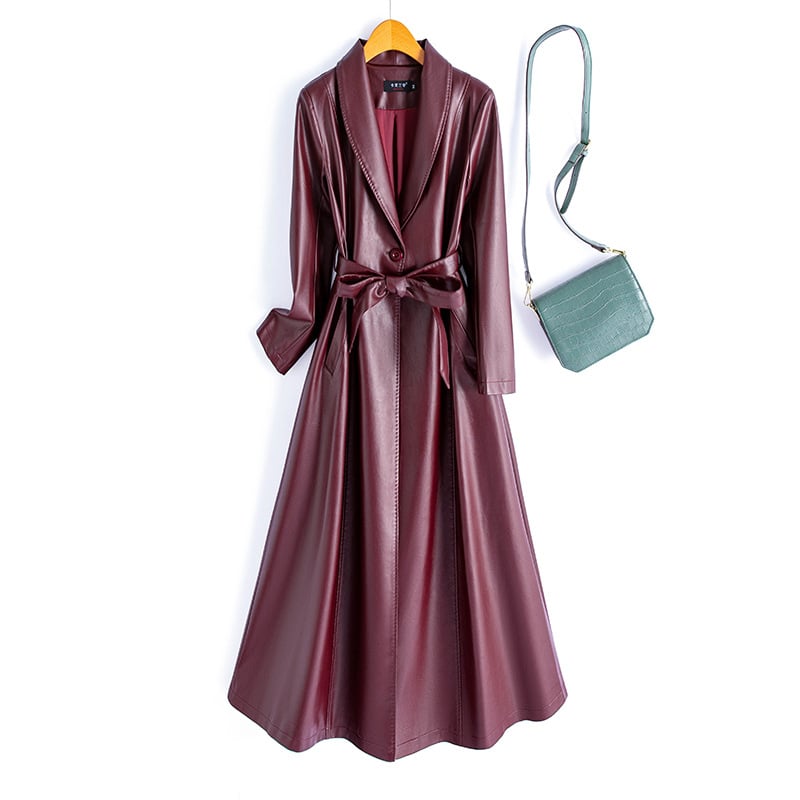 Sieviešu PU ādas garais mētelis ar jostas sašaurināšanu, ar vienu pogu