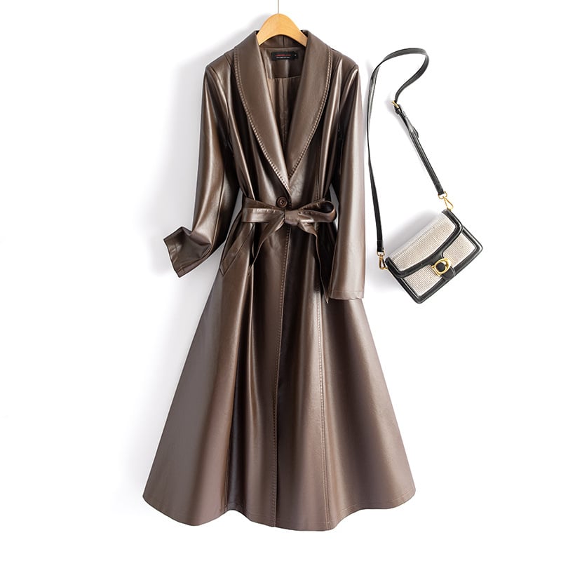 Sieviešu PU ādas garais mētelis ar jostas sašaurināšanu, ar vienu pogu