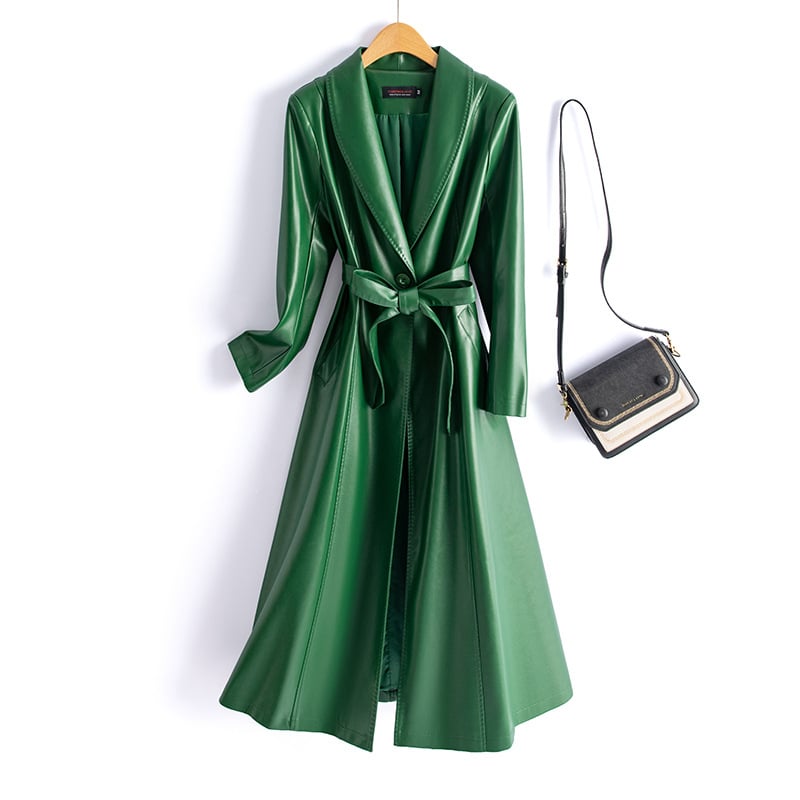 Sieviešu PU ādas garais mētelis ar jostas sašaurināšanu, ar vienu pogu