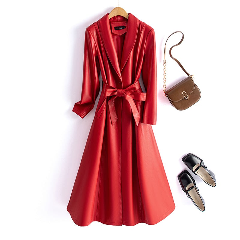 Sieviešu PU ādas garais mētelis ar jostas sašaurināšanu, ar vienu pogu