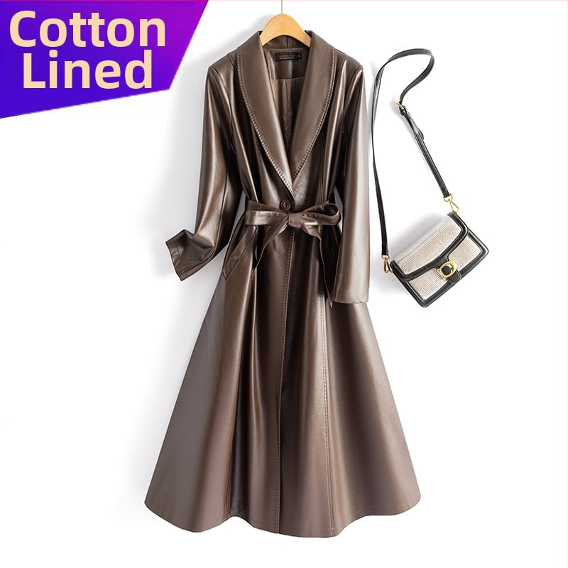 Sieviešu PU ādas garais mētelis ar jostas sašaurināšanu, ar vienu pogu