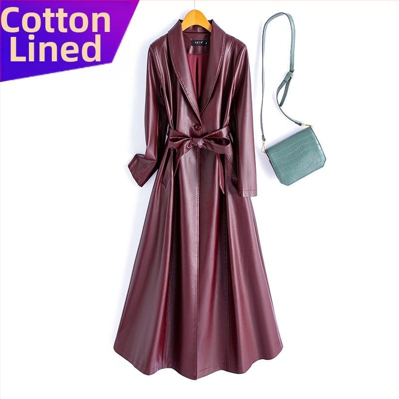 Sieviešu PU ādas garais mētelis ar jostas sašaurināšanu, ar vienu pogu