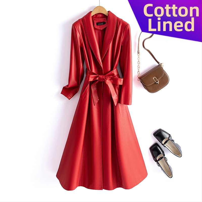 Sieviešu PU ādas garais mētelis ar jostas sašaurināšanu, ar vienu pogu