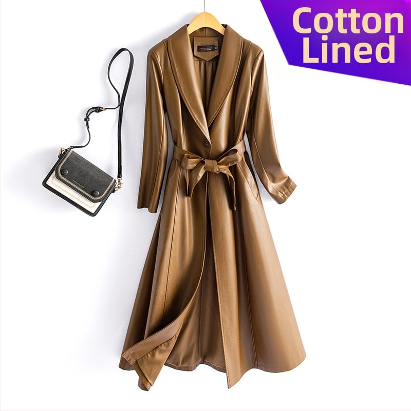 Sieviešu PU ādas garais mētelis ar jostas sašaurināšanu, ar vienu pogu