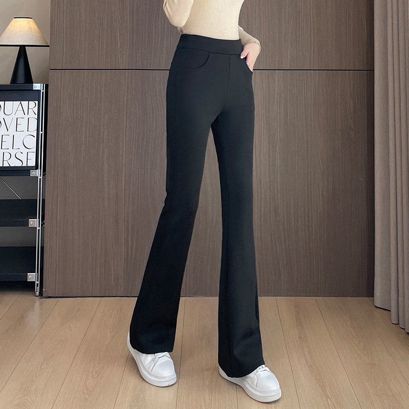 Crne ženske hlače s visokim strukom, fleec podstava za jesen-zimu, debele, casual, plus size