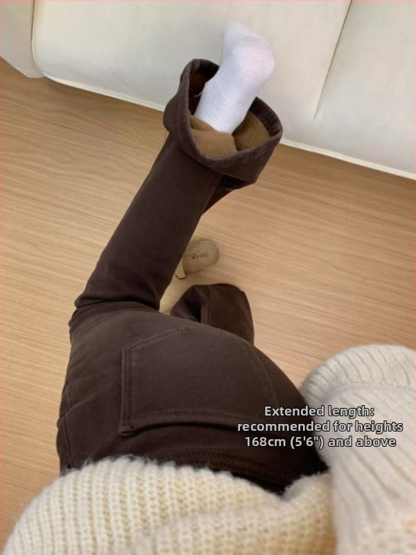 Fleece-voodriga džinsid, paksud, bootcut lõige, kõrge talje, talve 2024