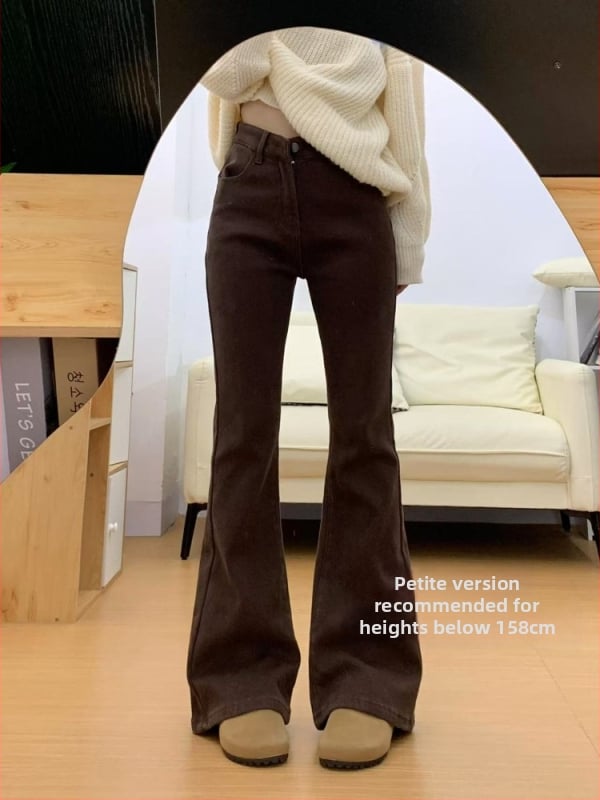 Fleece-voodriga džinsid, paksud, bootcut lõige, kõrge talje, talve 2024