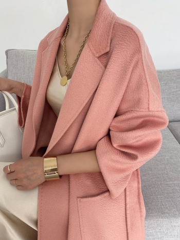 Palton femei din lână-casmir, reversibil, lungime medie, guler tip sacou, închidere cu șnur