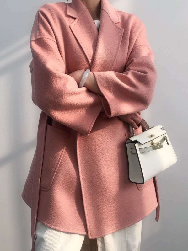 Palton femei din lână-casmir, reversibil, lungime medie, guler tip sacou, închidere cu șnur