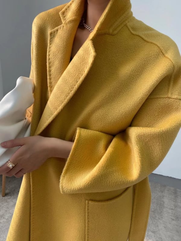 Palton femei din lână-casmir, reversibil, lungime medie, guler tip sacou, închidere cu șnur