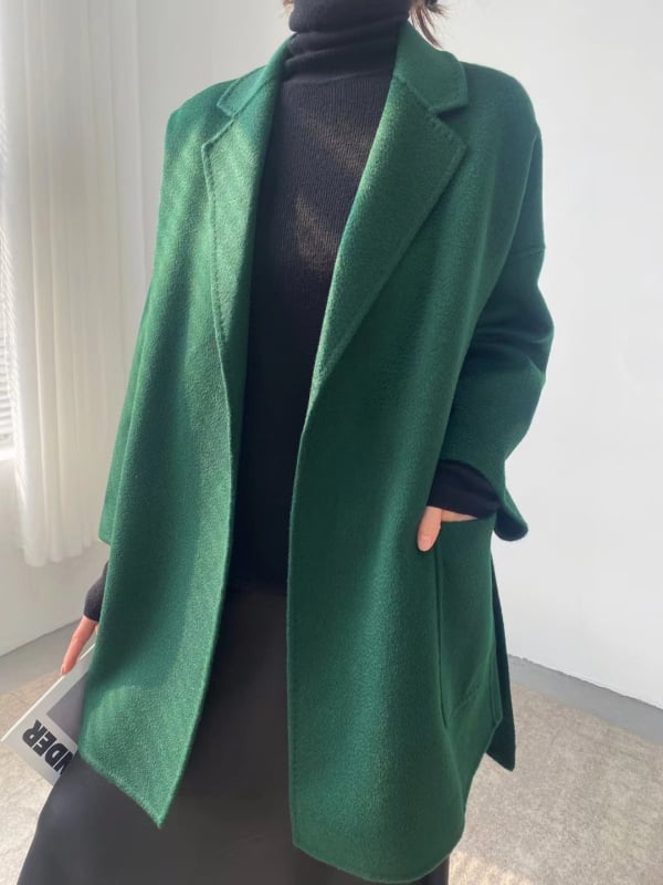 Palton femei din lână-casmir, reversibil, lungime medie, guler tip sacou, închidere cu șnur