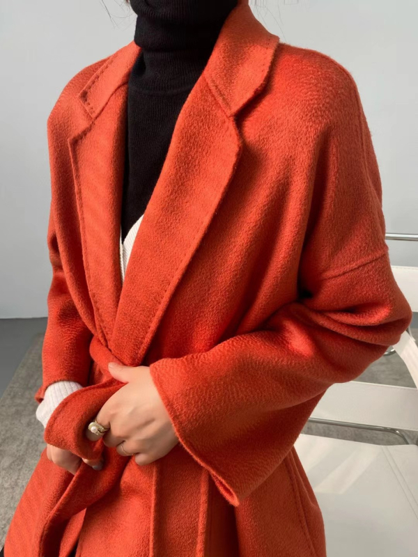 Palton femei din lână-casmir, reversibil, lungime medie, guler tip sacou, închidere cu șnur