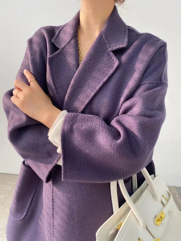 Palton femei din lână-casmir, reversibil, lungime medie, guler tip sacou, închidere cu șnur